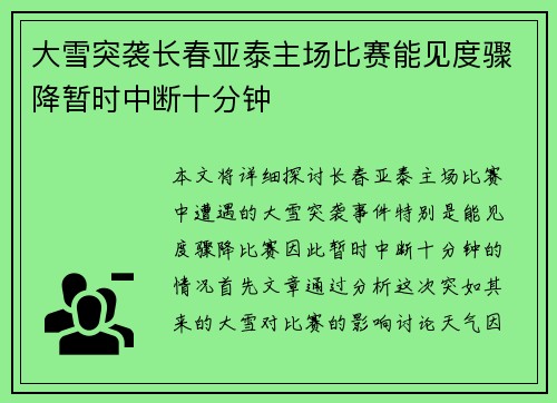 大雪突袭长春亚泰主场比赛能见度骤降暂时中断十分钟
